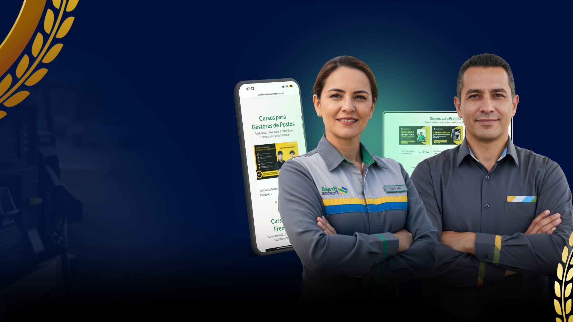 Home Gerentes de posto com o curso Gerente PRO aberto no celular e na tela